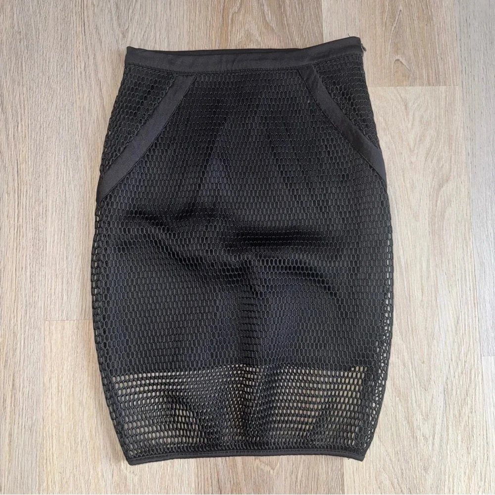 Black 2 Piece Skirt Set - Mesh Long Sleeve Peplum Top with Skirt - Size Small